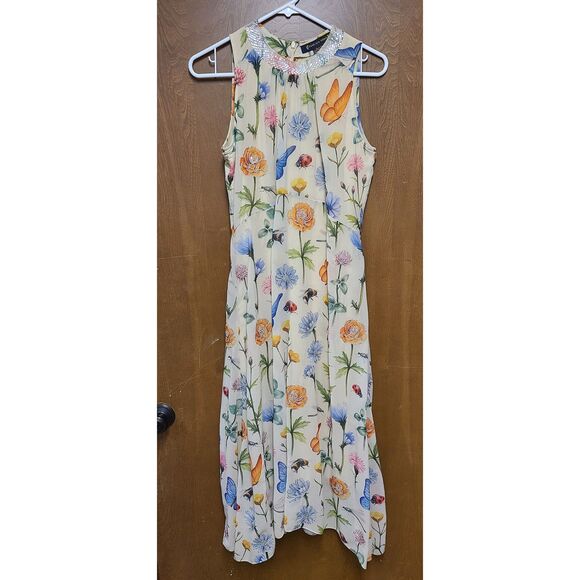 PANKAJ & NIDHI Floral & Insect A-line Dress, Embellished Neckline, SZ 6 - Picture 1 of 11